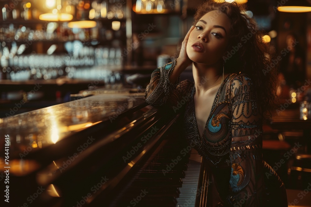 Woman sitting at a piano in a warmly lit bar with bokeh lights.
