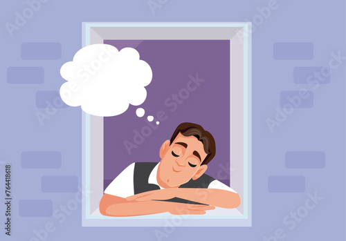 Happy Man Sitting by the Window Daydreaming Vector Cartoon. Serene hopeful optimistic person making plans 
