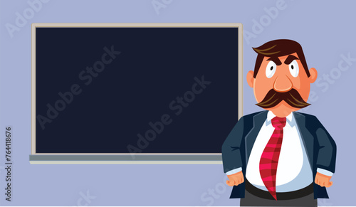 Frustrated Teacher Standing in Front of a Classroom Vector Cartoon. Schoolmaster having an authoritarian strict attitude threatening with punishment 
