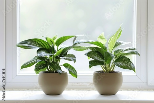 Two potted houseplants on a windowsill against a window with a garden view.