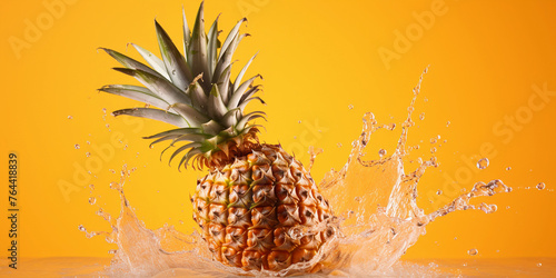 Refreshing pineapples with splashes of water on yellow and blue gradient background. Summer Delight: Pineapples with Splashes on Gradient
