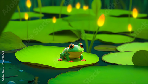 A small mouse hiding among the leaves of a lily pad at night, surrounded by fireflies