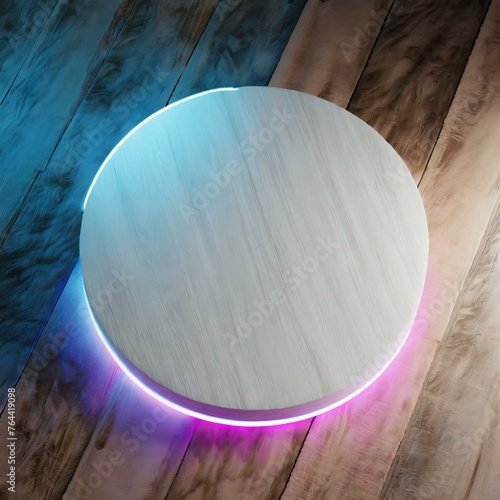 empty wooden plate on wooden table, Close-up round white podium the rugged wooden platform, space for text,3d render, Glowing neon light beauty product top view white glowing in the dark, pink blue 