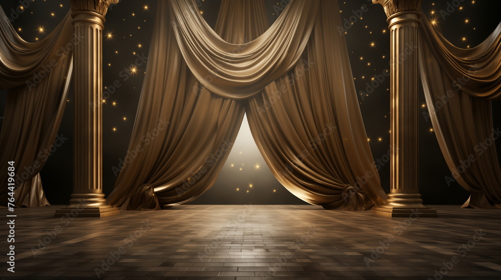 Luxurious theater stage with golden drapes and shining stars, dramatic performance and premiere concept with copy space. - obrazy, fototapety, plakaty 