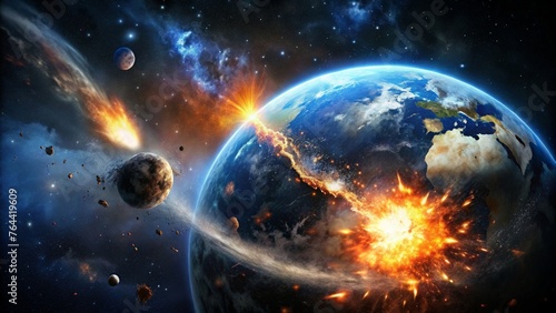 Fiery collision on earth viewed from space - A dramatic depiction of planetary collision with Earth, featuring fiery impacts and celestial debris, as viewed from cosmic space