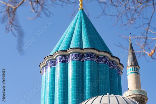 Mevlana Celaleddin Rumi Tomb and Mosque (Mevlana Türbesi ve Cami) Night Lights Drone Photo, Mevlana Konya, Turkiye (Turkey) photo