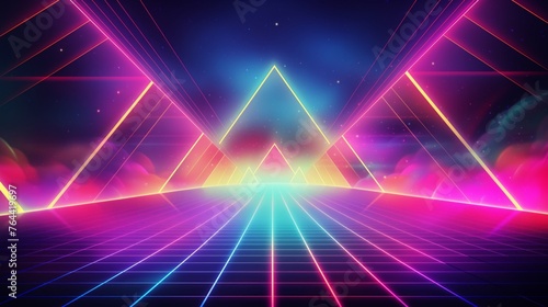 Synthwave retro futuristic landscape with sun, grid, and mountains. Digital retro cyberpunk aesthetic design for poster, wallpaper, music album cover.