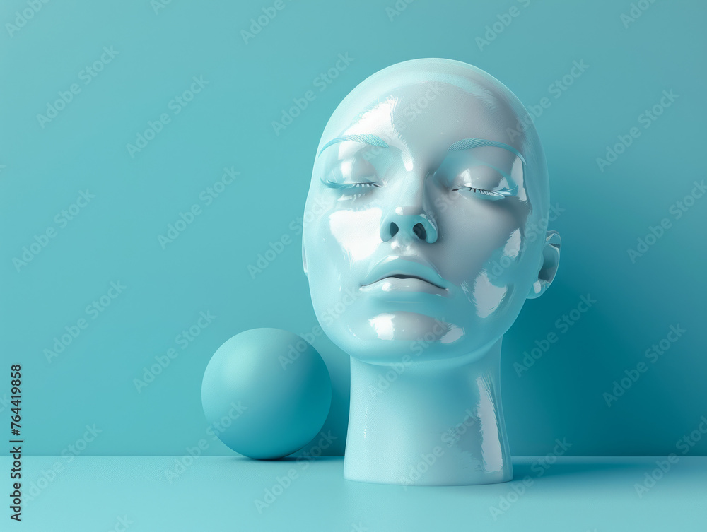 Monochromatic Blue Mannequin Head with Sphere on Pastel Background Monochromatic Blue Mannequin Head with Sphere on Pastel Background