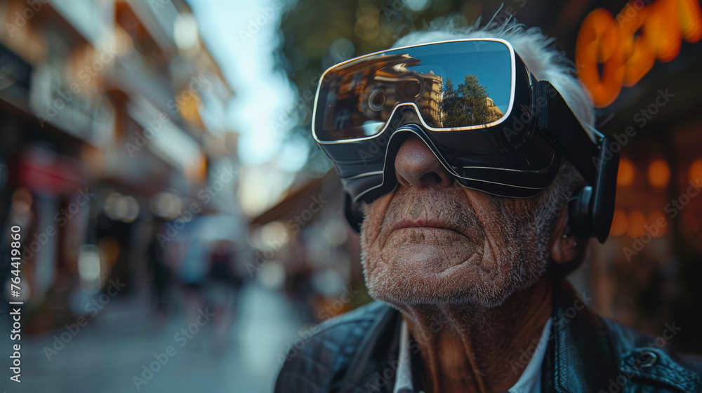 Oldman with reality glasses on orange isolated background Oldman with reality glasses on orange isolated background