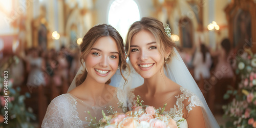 女性同士で挙式する笑顔の2人