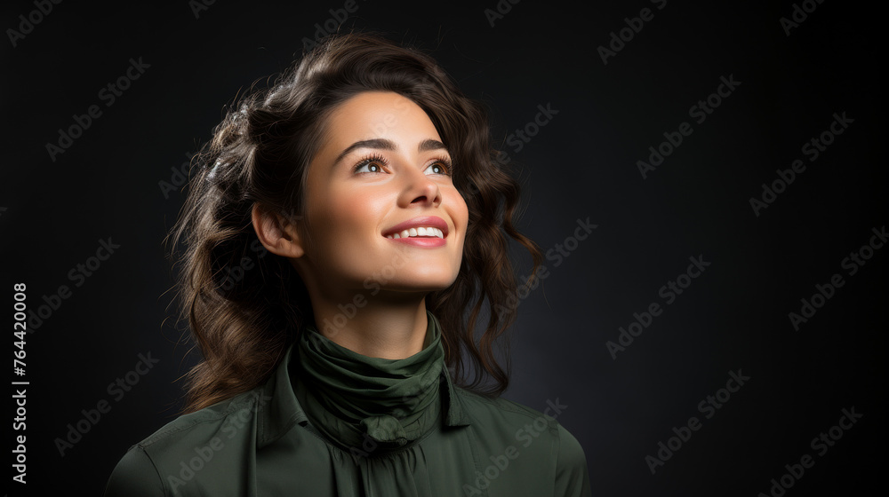 portrait of a girl with a smile on a black background, look up portrait of a girl with a smile on a black background, look up