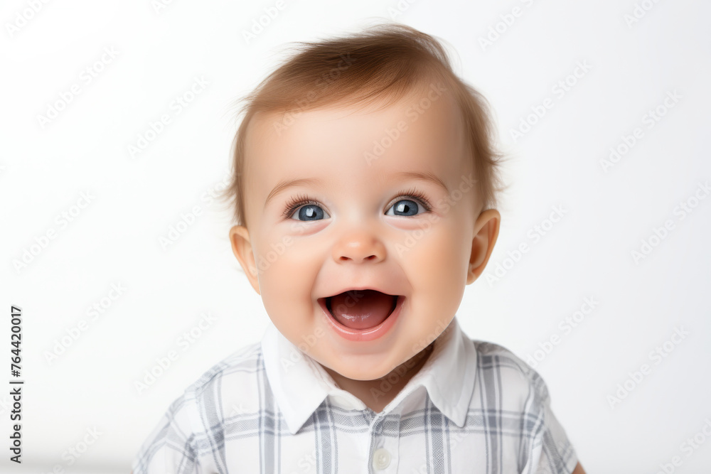 portrait of a baby with a wide smile on a light background