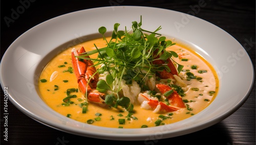Lobster Bisque, classic creamy and smooth, seasoned soup from lobster and aromatics, cinematic food photo