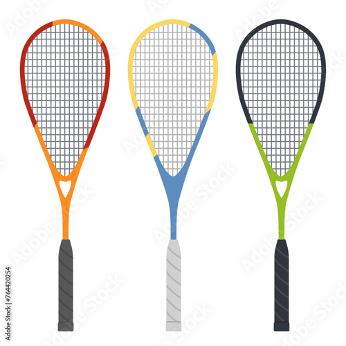 Squash racket vector illustration. Set of different colored rackets.