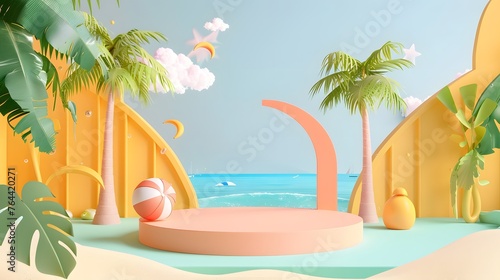 summer podium with tropical leaves illustration