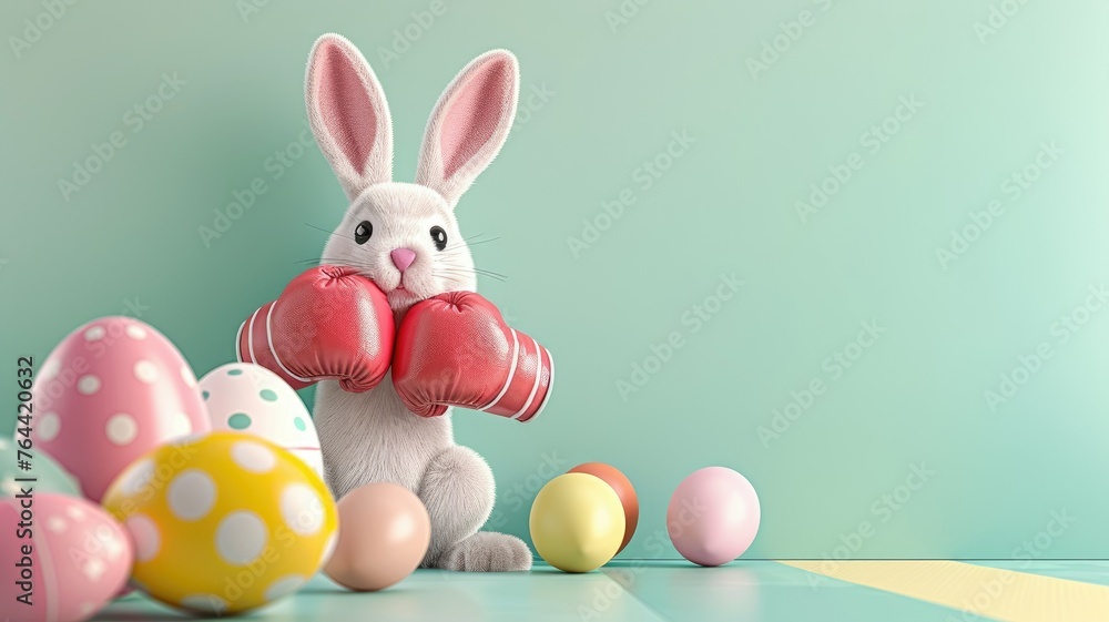 Bunny with boxing gloves among scattered eggs - A charming 3D image featuring an Easter bunny with oversized boxing gloves amid a scattering of multicolored Easter eggs on a pastel background Bunny with boxing gloves among scattered eggs - A charming 3D image featuring an Easter bunny with oversized boxing gloves amid a scattering of multicolored Easter eggs on a pastel background