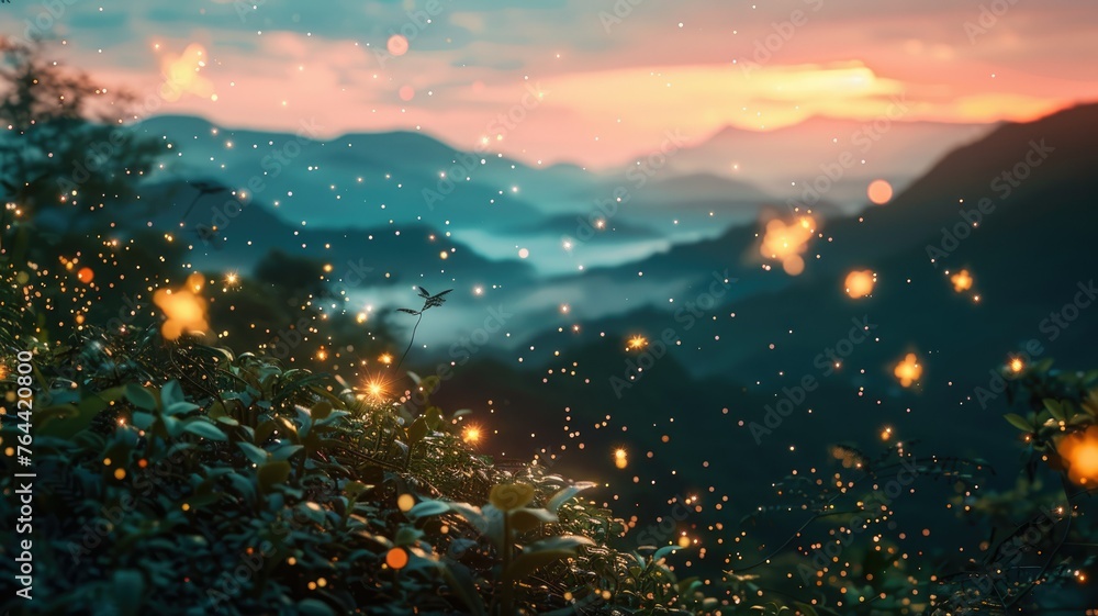Enchanted forest glade at dusk with lights - Magical scene of a forest glade at twilight with glowing lights and a mountain backdrop - obrazy, fototapety, plakaty 