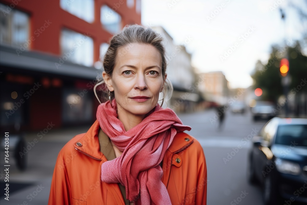 Portrait of a beautiful middle-aged woman in an orange coat on the street