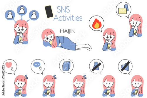 SNS運用の図解制作に便利！SNSに苦戦するスーツの女性と吹き出しアイコンのセット　カラフル