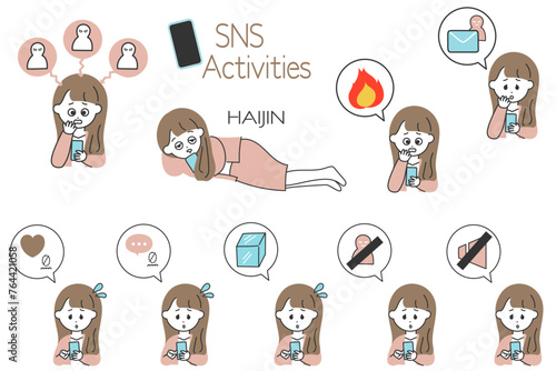 SNS運用の図解制作に便利！SNSに苦戦するスーツの女性と吹き出しアイコンのセット　スキンカラー