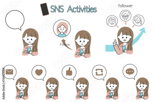 SNS運用の図解制作に便利！SNSを楽しむスーツの女性と吹き出しアイコンのセット　スキンカラー