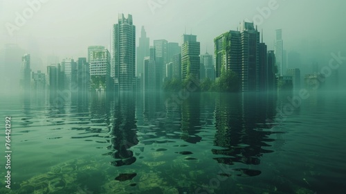 A submerged city skyline representing the consequences of global warming and sea level rise on coastal communities and infrastructure.