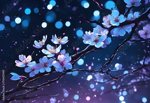Branch of Pink Cherry Bossom Blooms with Petals on Bliss Blue Bokeh Night, Anime inspired artwork photo