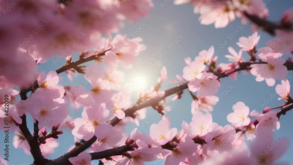 Cherry blossoms bloom in spring, adorning trees with pink flowers against a sky backdrop, a picturesque sight in Japanese gardens Cherry blossoms bloom in spring, adorning trees with pink flowers against a sky backdrop, a picturesque sight in Japanese gardens