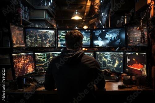 Man at desk surrounded by monitors