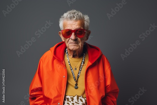 Portrait of senior man in red jacket and sunglasses against grey background