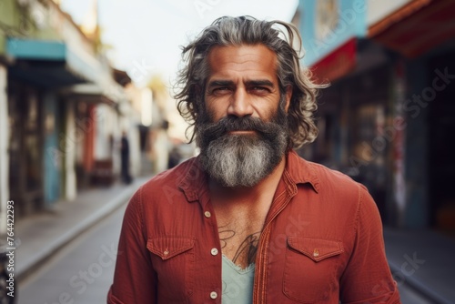 Portrait of a handsome bearded man with long gray hair and beard in a red shirt on the street