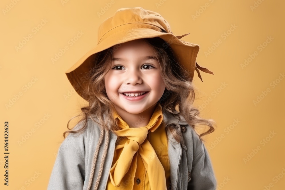 Portrait of a cute little girl in a hat on a yellow background Portrait of a cute little girl in a hat on a yellow background