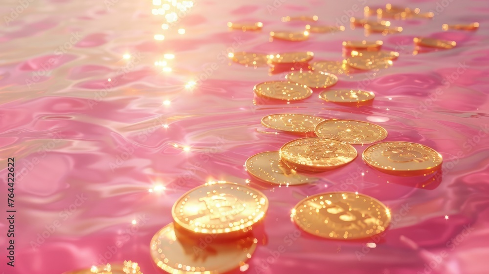 Rich golden coins floating on a vibrant pink sea - A sea of pink with golden coins floating on the surface, portraying financial growth and opportunities Rich golden coins floating on a vibrant pink sea - A sea of pink with golden coins floating on the surface, portraying financial growth and opportunities