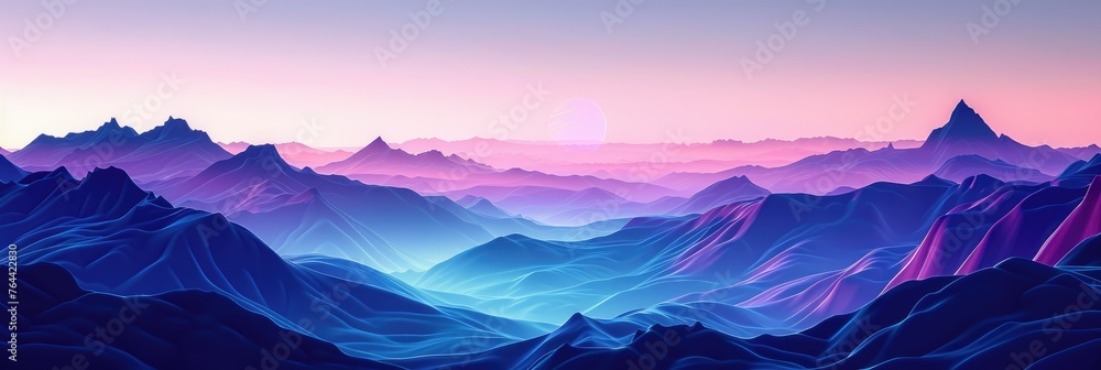 Surreal pink and blue mountain landscape - A tranquil illustrative scene featuring an ethereal mountain range under a soft pink sky and rising sun Surreal pink and blue mountain landscape - A tranquil illustrative scene featuring an ethereal mountain range under a soft pink sky and rising sun