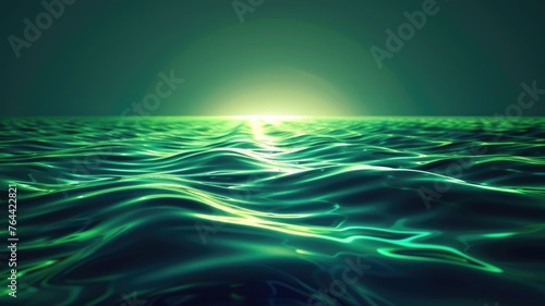 Sunrise above calm undulating green waters - Depicting the first light of sunrise above peaceful green undulating waters, evoking a new beginning and hope photo