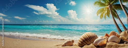 Sunny tropical beach with turquoise water, summer holidays vacation background, seashells in sand, palm tree on the beach