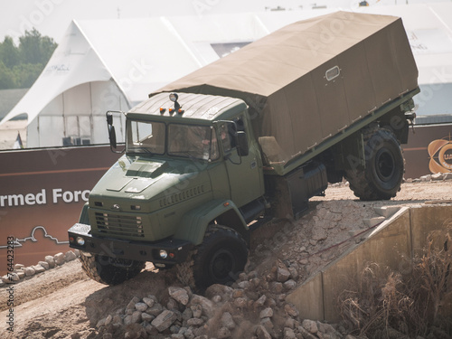 Abu Dhabi, UAE - Feb.23. 2011: KrAZ-5233BE HMTV (High Mobility Tactical Vehicle) in IDEX 2011 Military Exibition photo