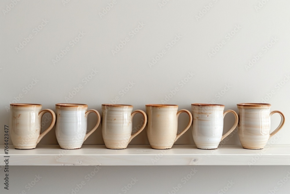 Fototapeta premium A series of ceramic mugs displayed on a white shelf. Place for text
