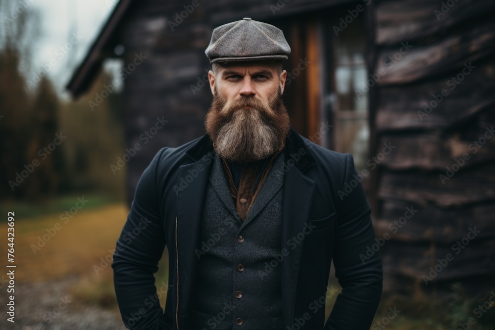 Portrait of a bearded man in a hat and coat on the background of an old wooden house Portrait of a bearded man in a hat and coat on the background of an old wooden house