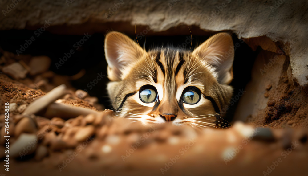 A curious cat peeking out from a hole with ants surrounding it