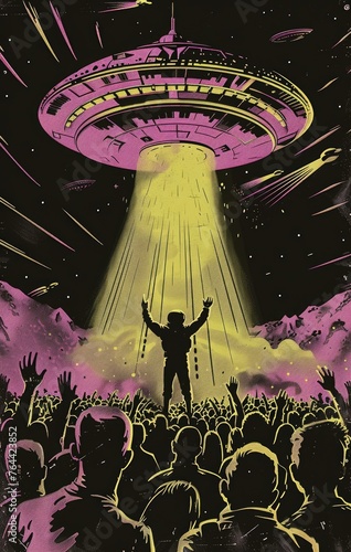 A UFO alien Martian invasion concert scene, print illustration made with Generative AI