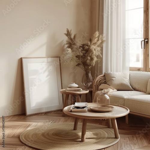 Frame Mockup Set in a Living Room in Japandi style. Presented in 3D Render. Made with Generative AI Technology