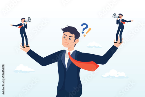 Confused businessman choosing directions, dilemma or moral conflict, disagreement or argument for business direction, decision problem or question, choosing choice, alternative or solution (Vector)