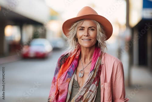 Portrait of beautiful mature woman in hat walking in city street.