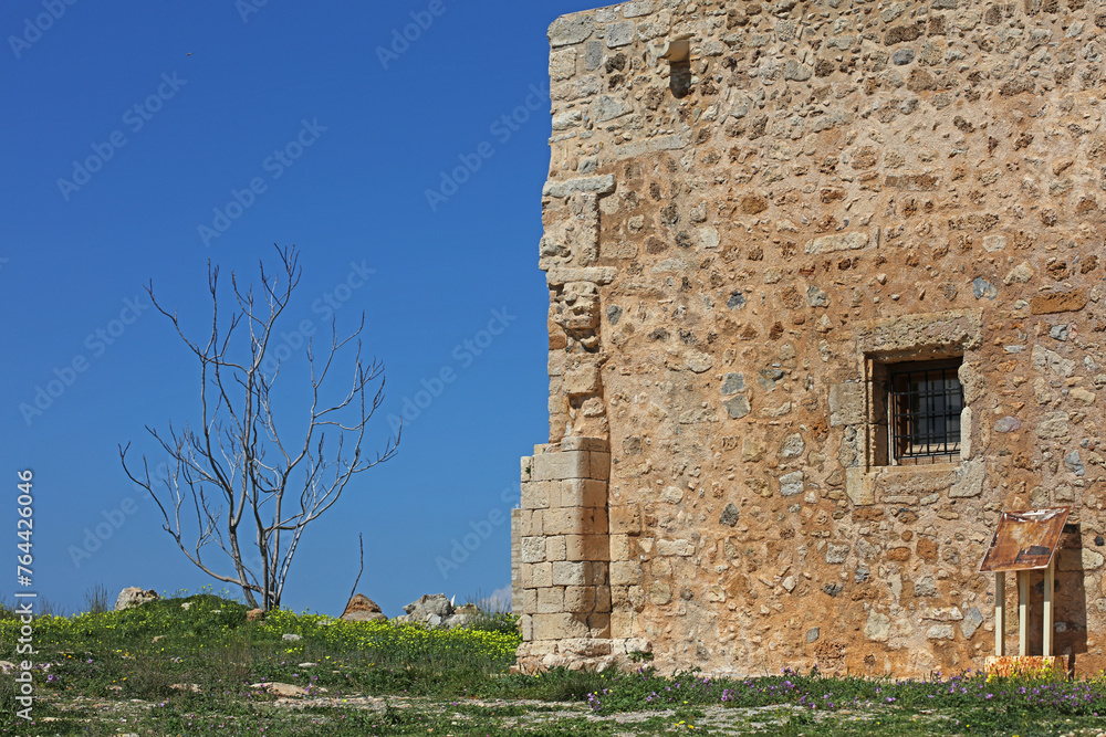 Fortezza fortress castle in Crete island Rethimno holidays exploring the old ancient stone city monuments close up summer background carnival season high quality big size prints