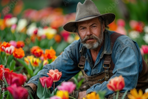 Man in a hat tending to a vibrant flower bed with diverse blooms.
