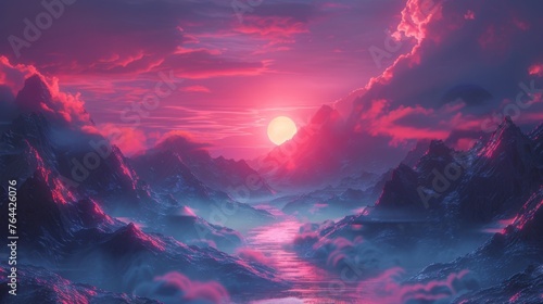 A dreamlike landscape painting featuring duplicated elements such as two suns in the sky or multiple mountains blending into one another representing the idea of a duplicated
