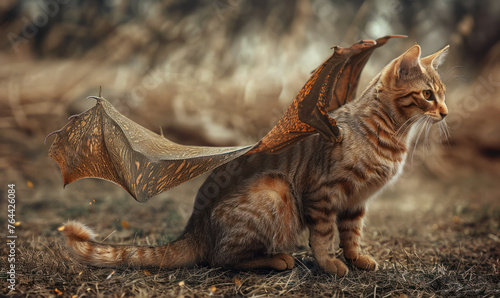 A hybrid animal who has a cat body with a tiger head wings photography photo