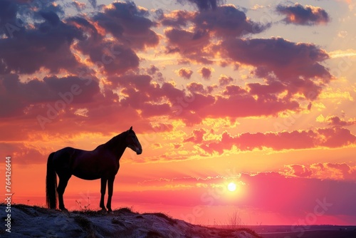 A silhouette of a horse on a hilltop against a vibrant sunset sky with colorful clouds. Place for text