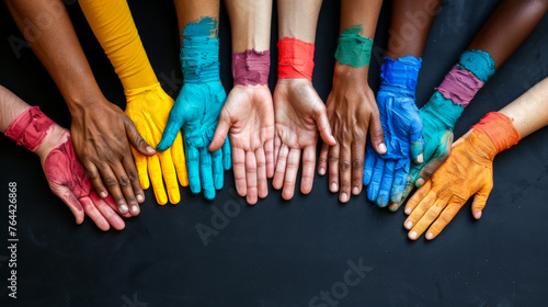A group of people with their hands together in a circle, each with a different colored hand. Concept of unity and diversity, as the people come together despite their differences